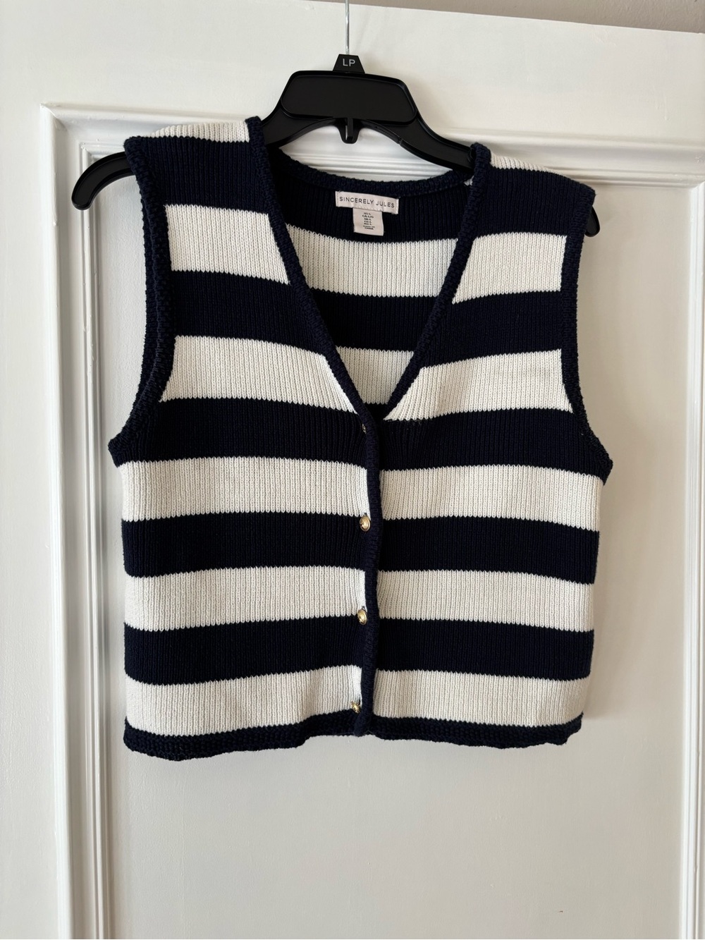 Sincerly Jules Navy and White Striped Knit Button Vest